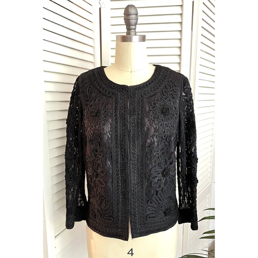 Sue Wong Black Sheer Lace Floral Soutache Braid Embroidery Evening Jacket Size 6